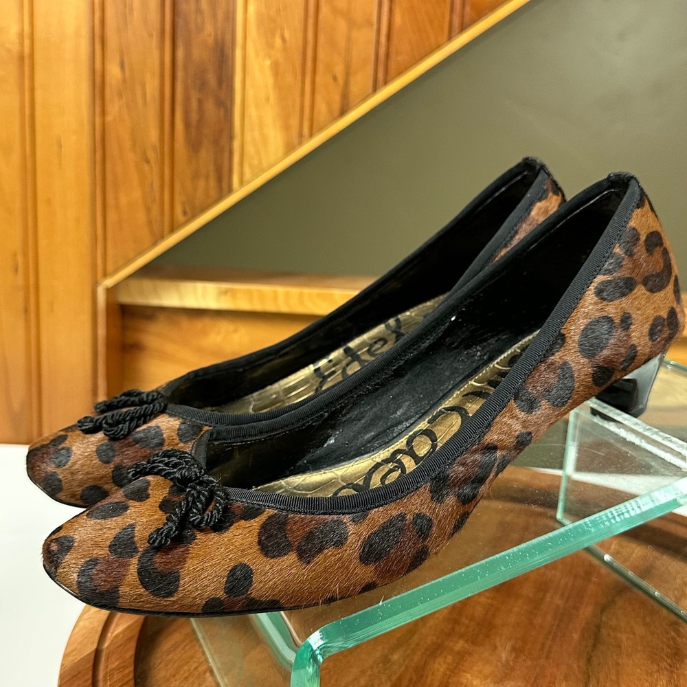 Sam Edelman Leopard Calf Hair Kitten Heels Square Toe Bow Brown Black